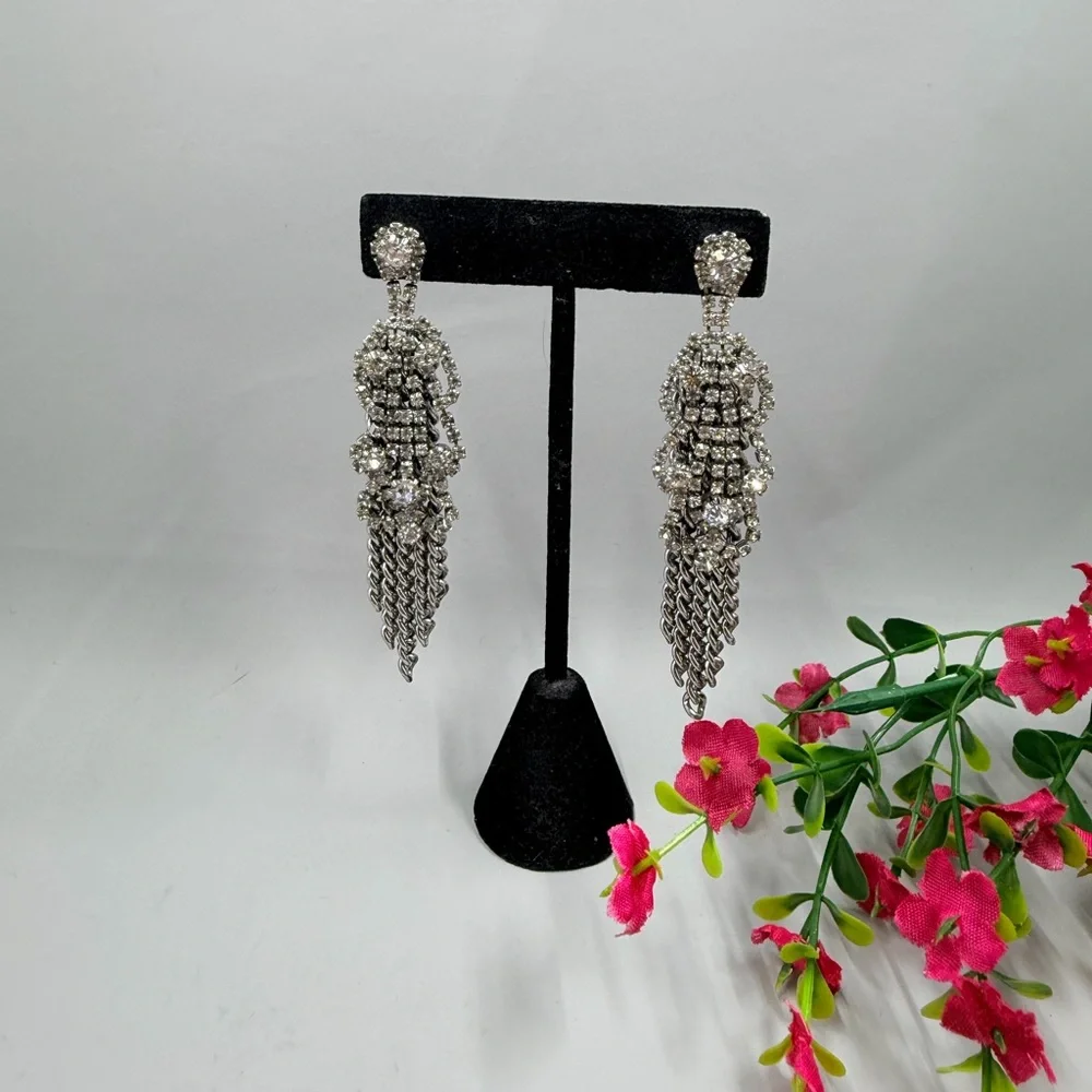 Vintage Crystal Fringe Drop Earrings With Chain Dangles - Picture 1 of 5